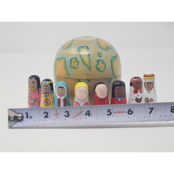 Vintage Oriental Trading Wooden Globe With 8 Multicultural Small Wooden Children - Picture 2 of 15